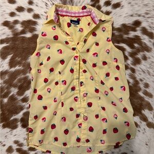 Yellow Strawberry Print Sleeveless Button-Up Top